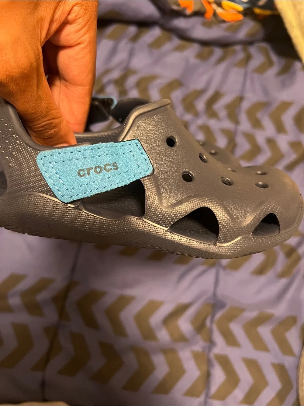 CROCS Kids Black Clogs with Blue Heel Straps